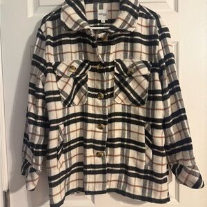 Kensie Jeans Plaid Shacket Jacket Size Small Cream Black Brown Button Front